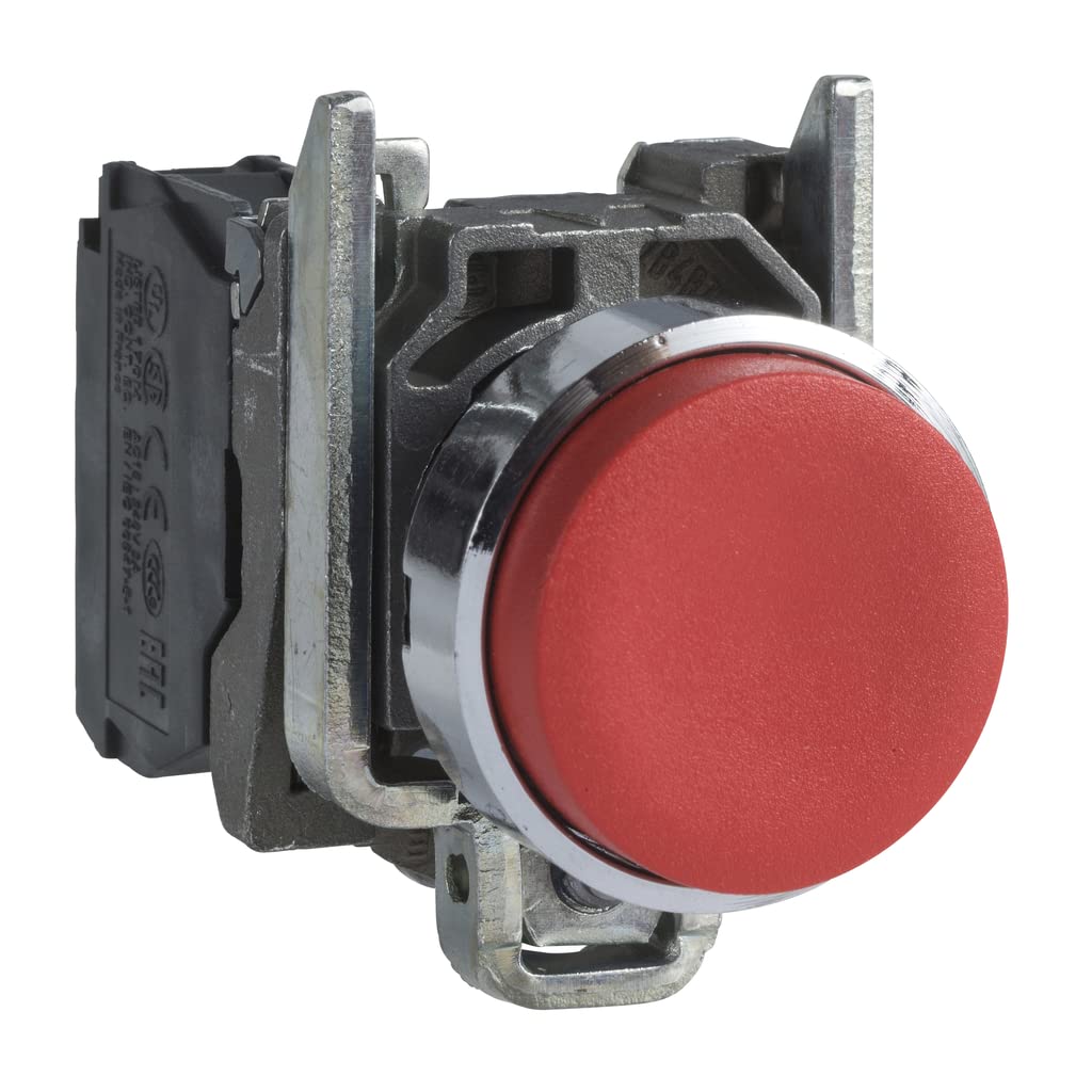 Schneider Electric Harmony XB4 - Push Button Switch, Metal, Spring Return, 1NC, 22 mm Mount, Unmarked, Projecting Operator Profile, XB4BL42, Red