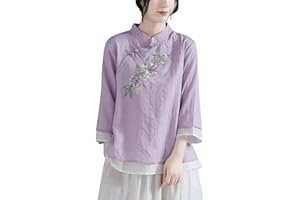 CAOQAO Vintage Floral Embroidery Cotton Linen Tops for Women Chinese Frog Button 3/4 Sleeve Loose Casual Blouses Shirts
