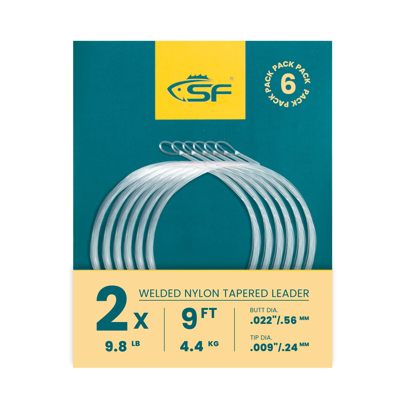SF Welded Tapered Leader Fly Fishing with Loop Nylon 9ft Fishing Leader (6 Pack) 2X