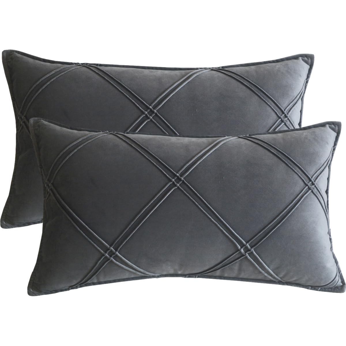 Lutanky Dark Grey Velvet Cushion Covers Decorative Rectangle Throw Pillow Covers Checked Design Elegant Pillowcases for Sofa Bed Living Room 12x20 Inch 30 x 50 cm Set of 2