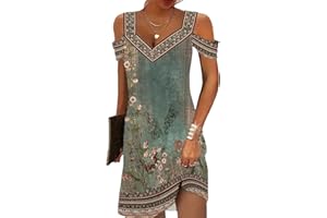 FULLVEB Summer Casual Cold Shoulder Dresses for Women 2024 Trendy Boho Ethnic Floral Tribal Marble Print V Neck Mini Dress