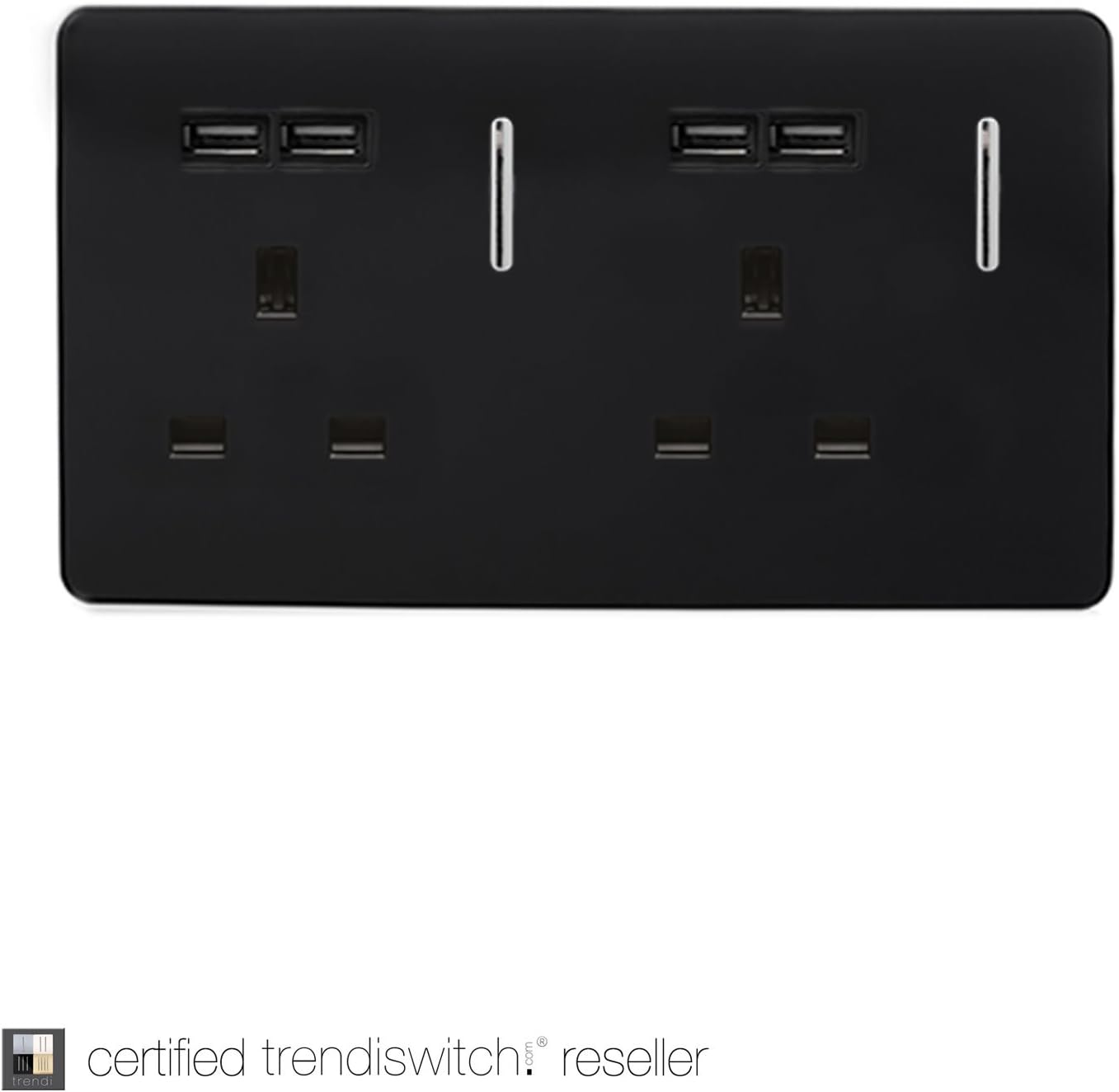 Trendi 2 Gang Artistic Modern Glossy Screwless Raised 13 Amp 240v Short 4 USB Type A Charging Points Double Chrome Switched Electrical Wall Plug Socket Piano Black