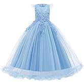 Girls Embroidery Flower Lace Long A Line Pageant Dress Floor Length Princess Prom Tulle Maxi Gown for Wedding Party Birthday