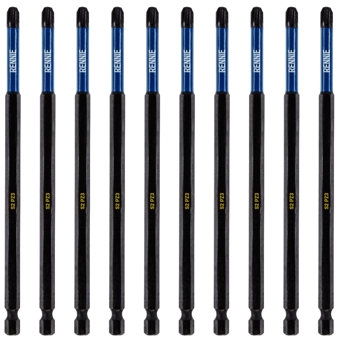 10 x Rennie Tools 150mm Long PZ3 Impact Screwdriver Driver Bits Set. Heavy Duty PoziDriv POZI No.3 Magnetic Screwdriver Bit Set. PZ3 Impact Driver Bits Pozidrive Screw Accessories.