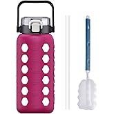 MUKOKO Half Gallon/64 oz Glass Water Bottles with Straw and Lid,Motivational Water Jug with Time Marker Reminder and Silicone Sleeve,100% Leakproof BPA Free Fitness Sports Large Bottle-Rose