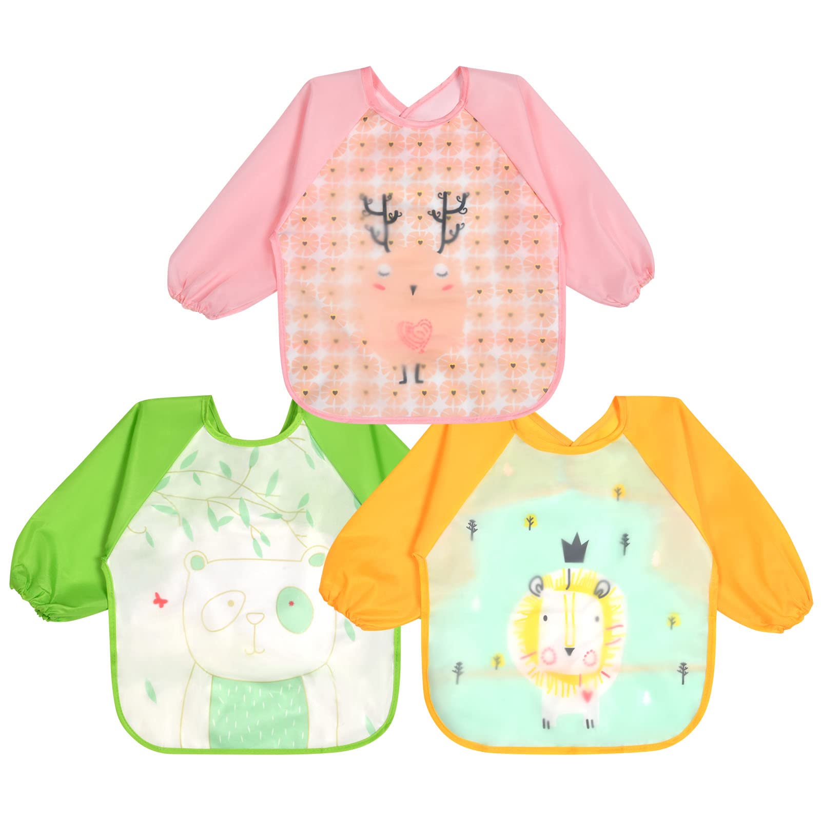 Vicloon Bibs With Sleeves, 3 Pcs EVA Double Layer Long Sleeve Waterproof Feeding Apron, Unisex Lovely Cute Cartoon Design for Infant Toddler 6-24 Months