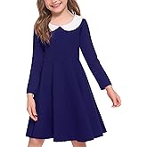 Arshiner Girls Long Sleeve Dress Casual Vintage Peter Pan Collar Swing Party Dress Age 3-14 Years