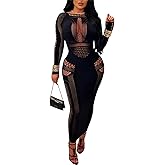 Women's Sexy Hollow Out Long Sleeves See Through Club One Piece Mesh Bodycon Maxi Dress