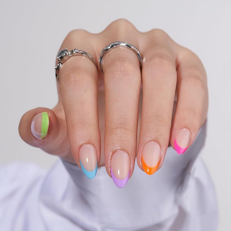 BTArtbox Press On Nails Short French Tip Almond 30Pcs 15 Sizes Neon Rainbow