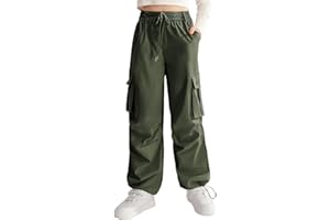 Ninobebe Girls Cargo Jogger Pants Parachute Pants with Elastic Waist and Pockets Cargo Trousers for Teens Girls 7-14 Years
