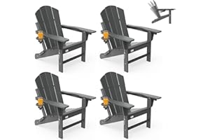 Mdeam Folding Adirondack Chair Set of 4, Adjustable Backrest, Fire Pit Chairs with Cup Holder, HDPE All Weather for Patio Lawn Deck Campfire Garden Outdoor, Grey