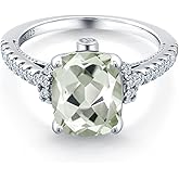 Gem Stone King 3.00 Cttw Green Prasiolite and White Created Sapphire Ring For Women | 925 Sterling Silver | Cushion Cut 10X8MM | Wedding Engagement Anniversary Promise Ring For Women