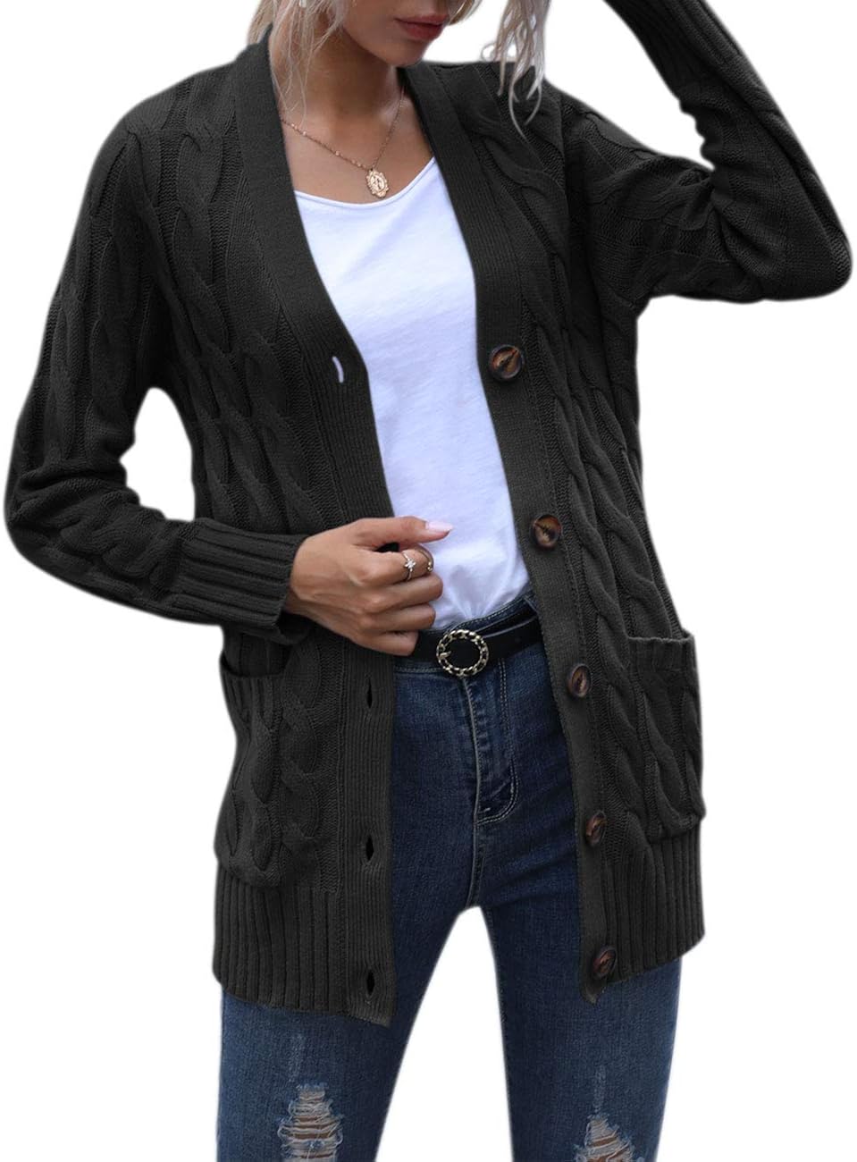 MEROKEETY Women's Long Sleeve Cable Knit Sweater Open Front Cardigan Button Loose Outerwear at  Women’s Clothing store