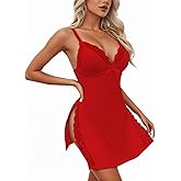 GlavidGlee Night Gowns for Women V Neck Lace Nightgown Slip Dress Side Split Babydoll Chemise Sleepwear