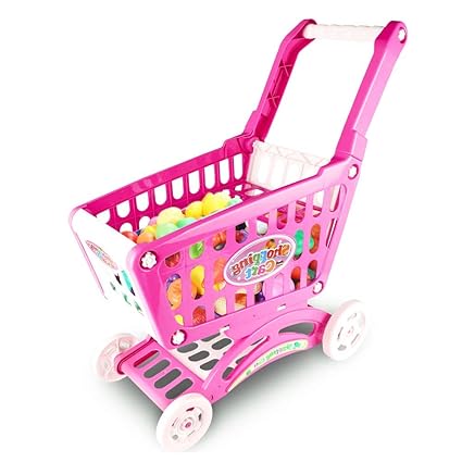 HALO NATION Fruits Vegetables Food Trolley Toy Supermarket Children Kids Shopping Cart Pretend Play Toy Kit and Foods Learning Play Set Pink