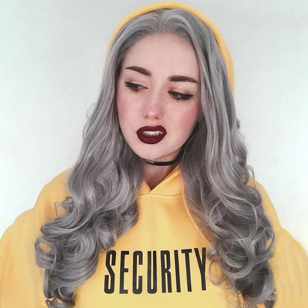 AFBeauty Grey Lace Front Wig Synthetic Long Wave Silver Gray Gluless Free Part Wig Heat Resistant Fiber Natural Soft Wigs for Women Cosplay Party