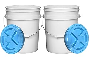 House Naturals Food Grade 5 Gallon Made in USA Plastic Bucket with Air Tight Screw on Lid (Pack of 2) (White Buckets with Aqua Lids)