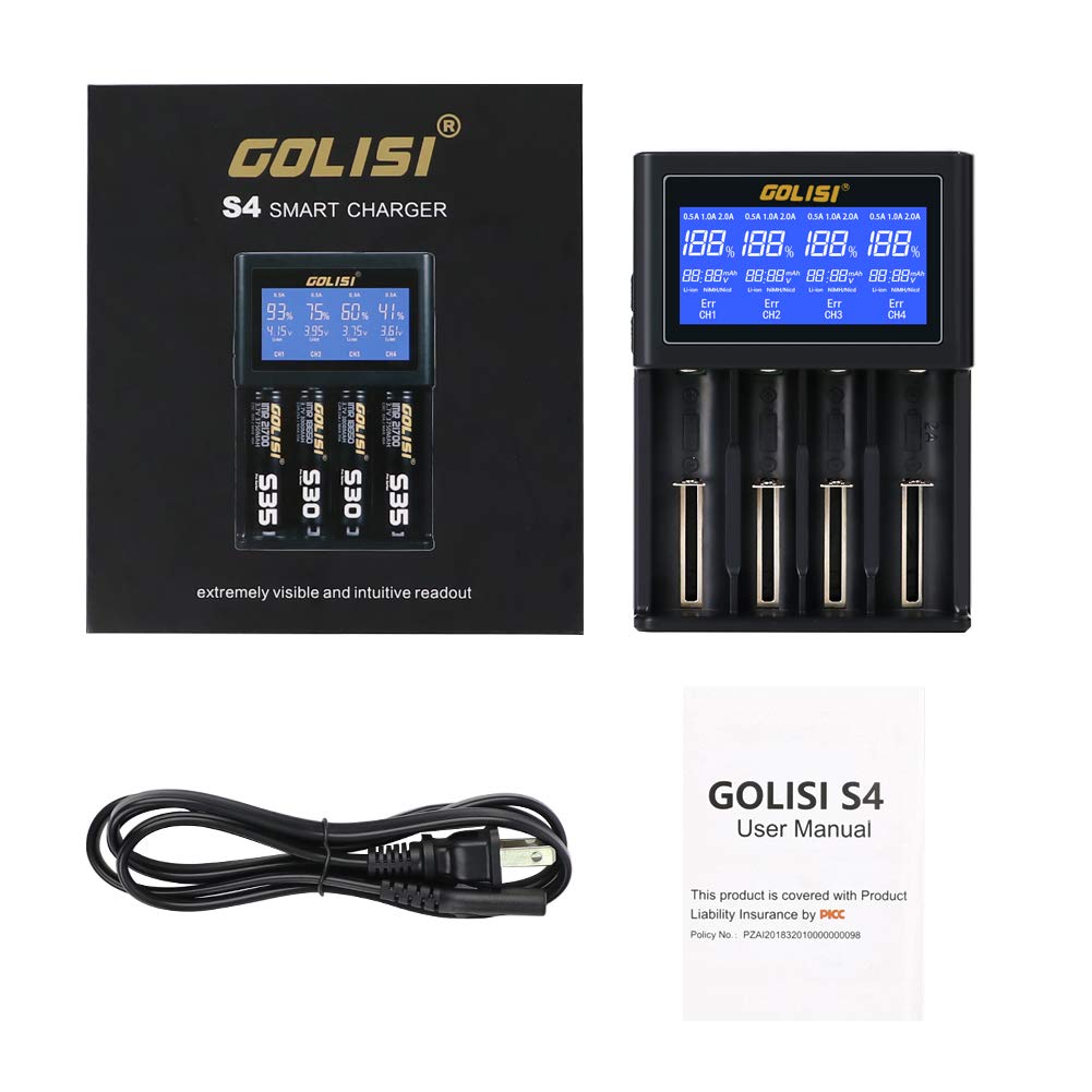 Golisi. Battery Charger for 26650 22650 18490 18350 17670 17500 16340 14500 10440 Li-ion Batteries,with Large LCD Screen, Universal Smart Speedy Wall Charger (4 slot)
