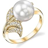 The Pearl Source 18K Gold 9-10mm Round Genuine White South Sea Cultured Pearl & Diamond Eva Ring for Women