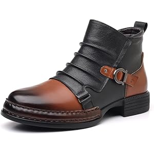 DINAOR Men's Two Tone Motorcycle Style Ankle Boots Side Zipper Buckle | Retro color-block upper with a round toe and low heel