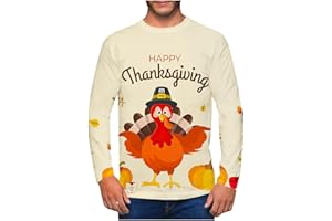 MEOILCE Happy Thanksgiving T-Shirts for Men Plus Size Long Sleeve Turkey Graphic Tees Casual Festive Party Blouse