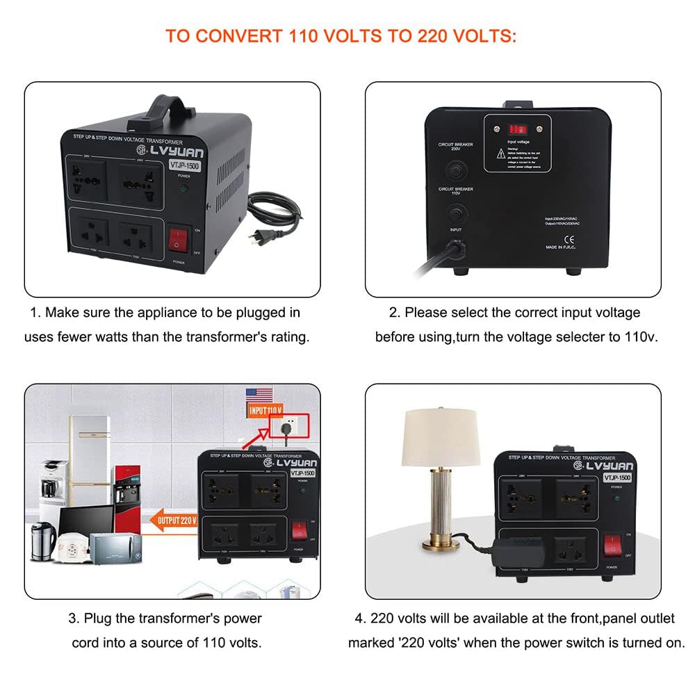Cantonape Voltage Transformer Converter 1500 Watt Step Up/Down Convert from 110-120 Volt to 220-240 Volt and from 220-240 Volt to 110-120 Volt with 2 US Outlets, 2 Universal Outlets