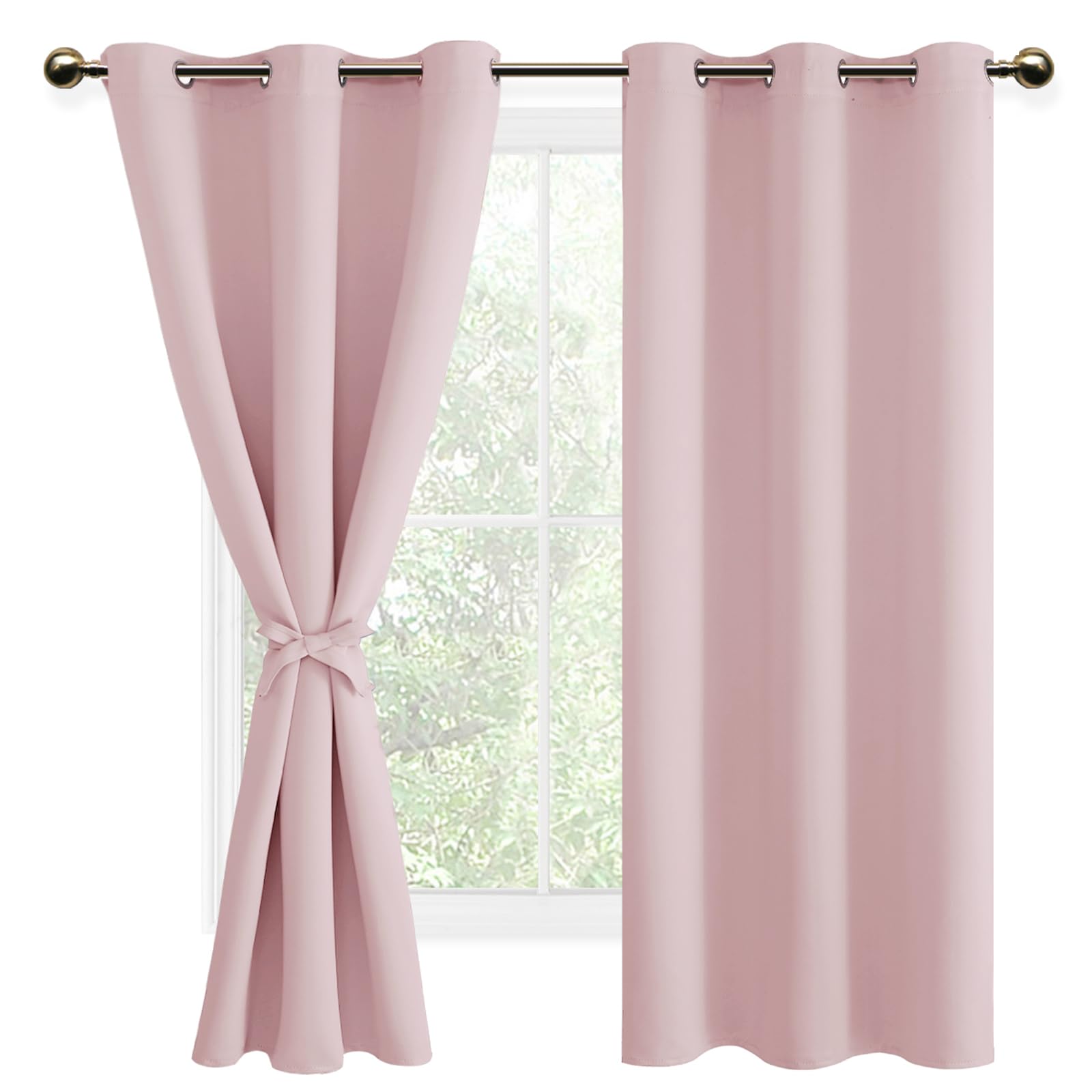 DWCN Blackout Curtains with Tiebacks for Bedroom Thermal Insulated Solid Eyelet Curtains for Living Room,2 Panels,46" Wide x 72" Drop Pink
