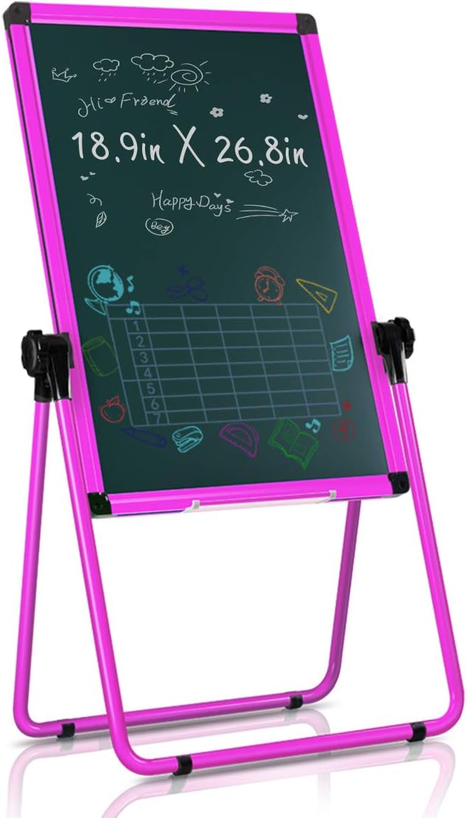 JOYOOSS Art Easel for Kids, 19.3” x 26.8” U-Stand Double-Sided Magnetic White Board & Chalkboard Height Adjustable Foldable & 360°Rotating Flipchart Easel for Home Office School Outdoor (Pink)