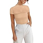 ANRABESS Womens Summer Sexy Mock Turtle Neck Short Sleeve Tops Sheer Mesh Shirts Slim Blouse Trendy Ruched Going Out Outfits