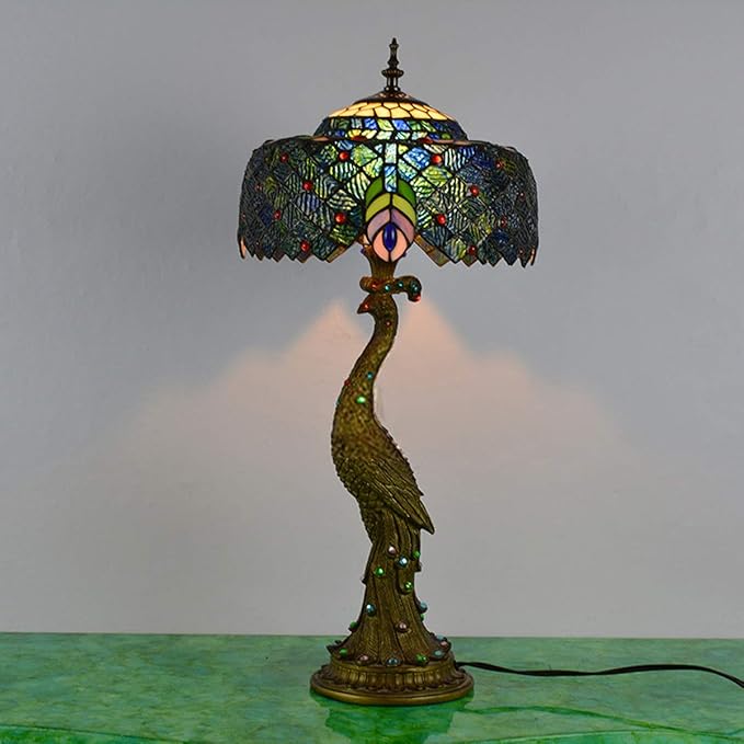 GDLight Tiffany Style Peacock Table Lamp Vintage Stained