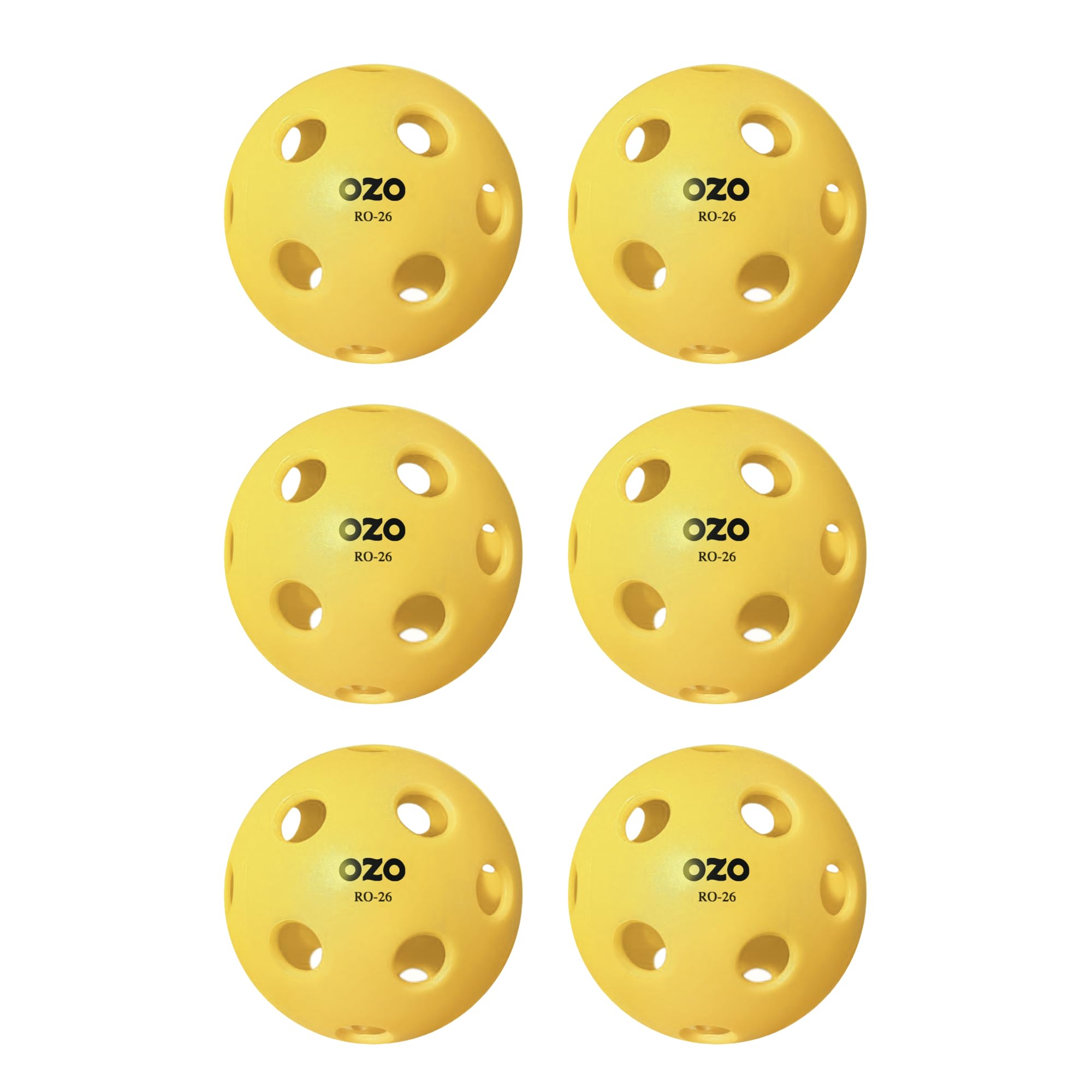 OZO Pickleball - Set of 6 Indoor Balls, 26 holes, Injection Mould, Yellow