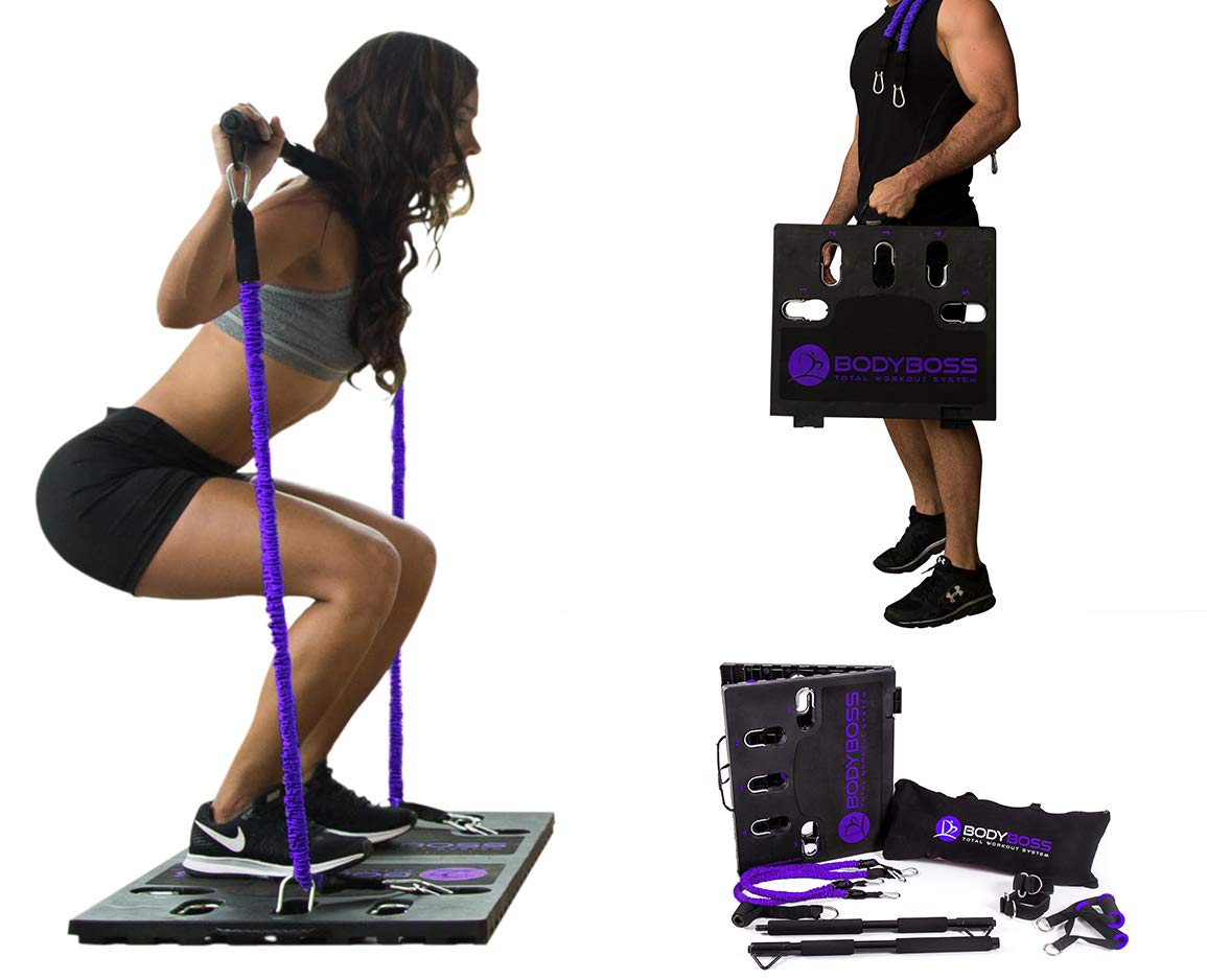 BodyBoss 2.0 - Full Portable Home Gym Workout Package + Resistance Bands - Collapsible Resistance Bar, Handles - Full Body Workouts for Home, Travel or Outside