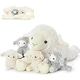 BENINY 5Pcs Lamb Stuffed Animal Set, Mommy Lamb Plush 20 Inch with 4 Baby Lambs in Her Zippered Tummy, Stuffed Sheep Plushie Toy for Girls Boys and Kids