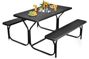 Tangkula Picnic Table Bench Set, Outdoor Picnic Table with 2 Benches, Metal Camping Table with Plastic Wood-Like Texture Tabl