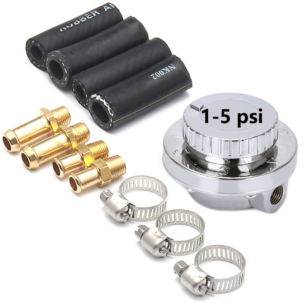 Photo 1 of HTRACING 1-5 PSI Fuel Pressure Regulator Adjustable Manual Universal for Carburetor Carb Zinc Alloy FPR with 8MM 10MM (5/16" 3/8") Hose Fittings