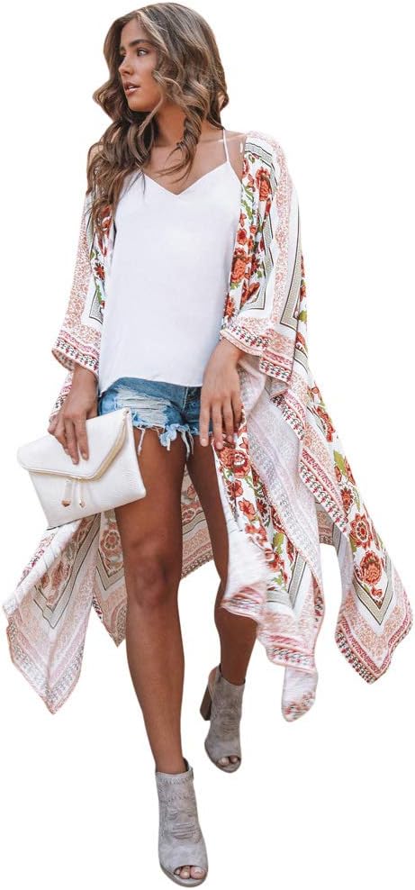 Women Floral Swim Beach Bikini Cover Up Chiffon Swimming Suits Long Shirts Yellow, 2XL