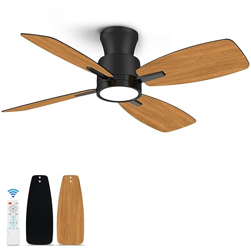Roomratv Ceiling Fans with Lights,42 inch Flush Mount Ceiling Fan with Night Light,Quiet Reversible DC Motor Dimmable Lighting Modern Low Profile Ceiling Fan with Light Black