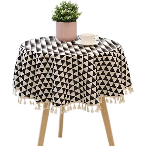 LUCKYHOUSEHOME Geometric Triangle Pattern Cotton Linen Tablecloth Tassel Table Cover for Kitchen Home Dinning Round 43 Inch, Black