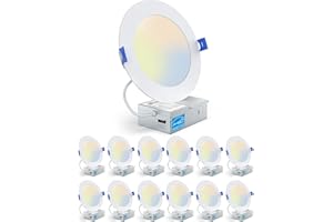 PAZZO 12 Pack 6 Inch LED Recessed Ceiling Light, 5CCT 1100LM High Brightness, Dimmable Canless Wafer Downlight, ETL and Energy Star Certified, 12W, Junction Box Included