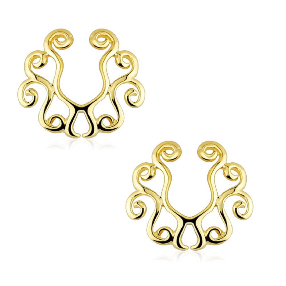 PiercedOff 2 Pack of of Tribal Gold Tone Non-Piercing Clip On Nipple Shields