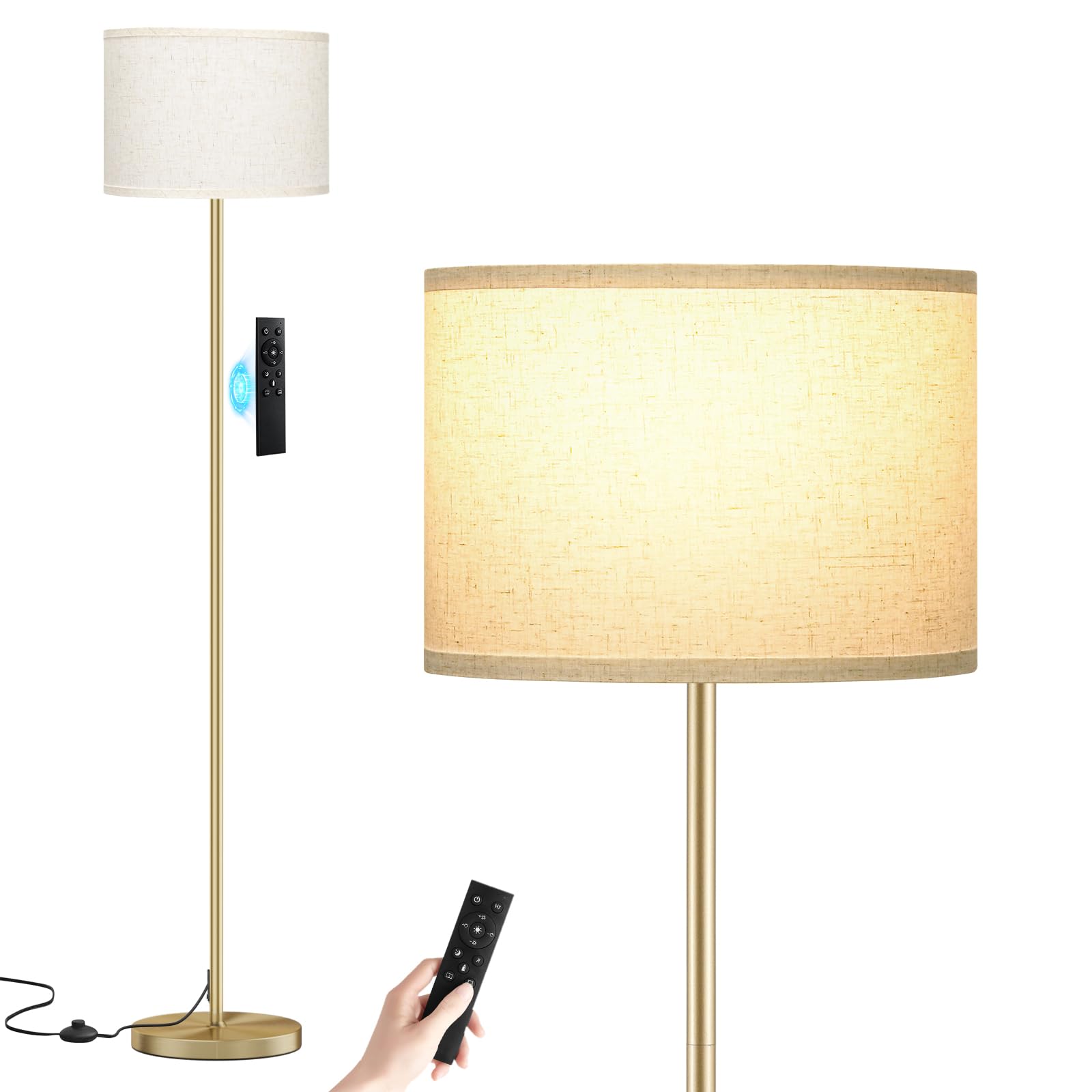 Ambimall 60'' Modern Floor Lamp with Remote, Tall Lamps for Living Room, Bedroom, Office, Dining Room, Beige Shade with Gold Pole(Included Bulb) Image