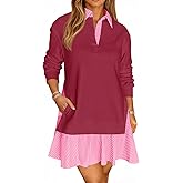 Wenrine Womens Oversized Sweatshirt Dress Casual Long Sleeve Collared V Neck Patchwork Loose Mini Dresses