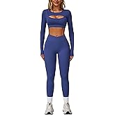 AGYMNX 2 Piece Workout Sets for Women Seamless High Waist Flare Leggings Yoga Long Sleeve Cutout Crop Tops Athletic Sets