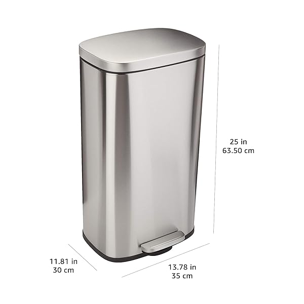 AMAZON BASICS SMUDGE RESISTANT RECTANGULAR TRASH CAN WITH SOFT-CLOSE LID, FOOT PEDAL, REMOVABLE INNER BUCKET, 30 LITER/7.9 GALLON, BRUSHED STAINLESS STEEL, SATIN NICKEL FINISH, 13.8″L X 11.8″W X 25″H