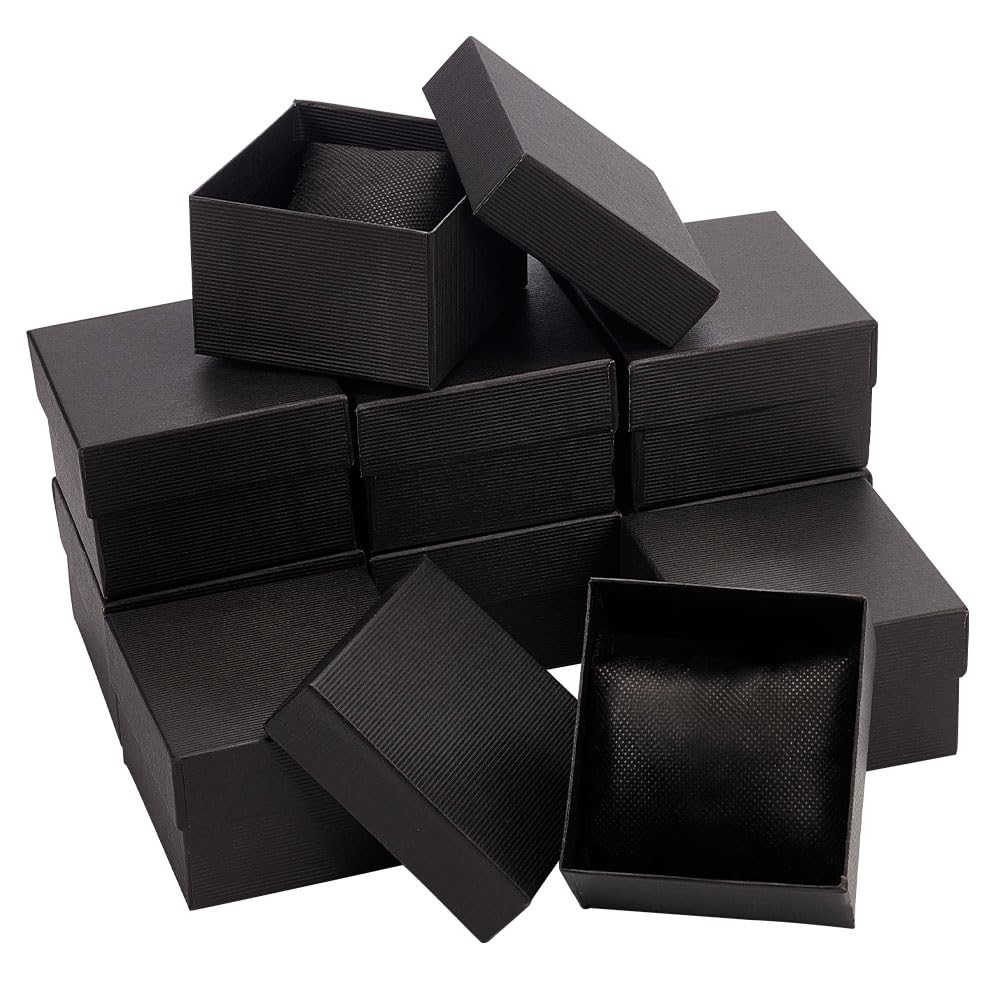 NBEADS 10 Pcs Kraft Paper Cardboard Jewelry Watch Boxes with Sponge Pad Inside, Black, 8.9x8.1x5.4cm