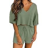 Ezbelle Women's V Neck Waffle Knit Pajamas Set Short Sleeve Crop Tops with Shorts 2 Piece Outfit Lounge Set
