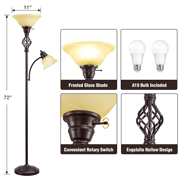 GYROVU TORCHIERE FLOOR LAMP FOR LIVING ROOM, LED STANDING READING LIGHT FOR BEDROOM WITH GLASS SHADE FOR LIVING ROOM CORNER BEDROOM HOME OFFICE,BULBS INCLUDED (YELLOW LAMPSHADE, GLASS 2 HEAD)