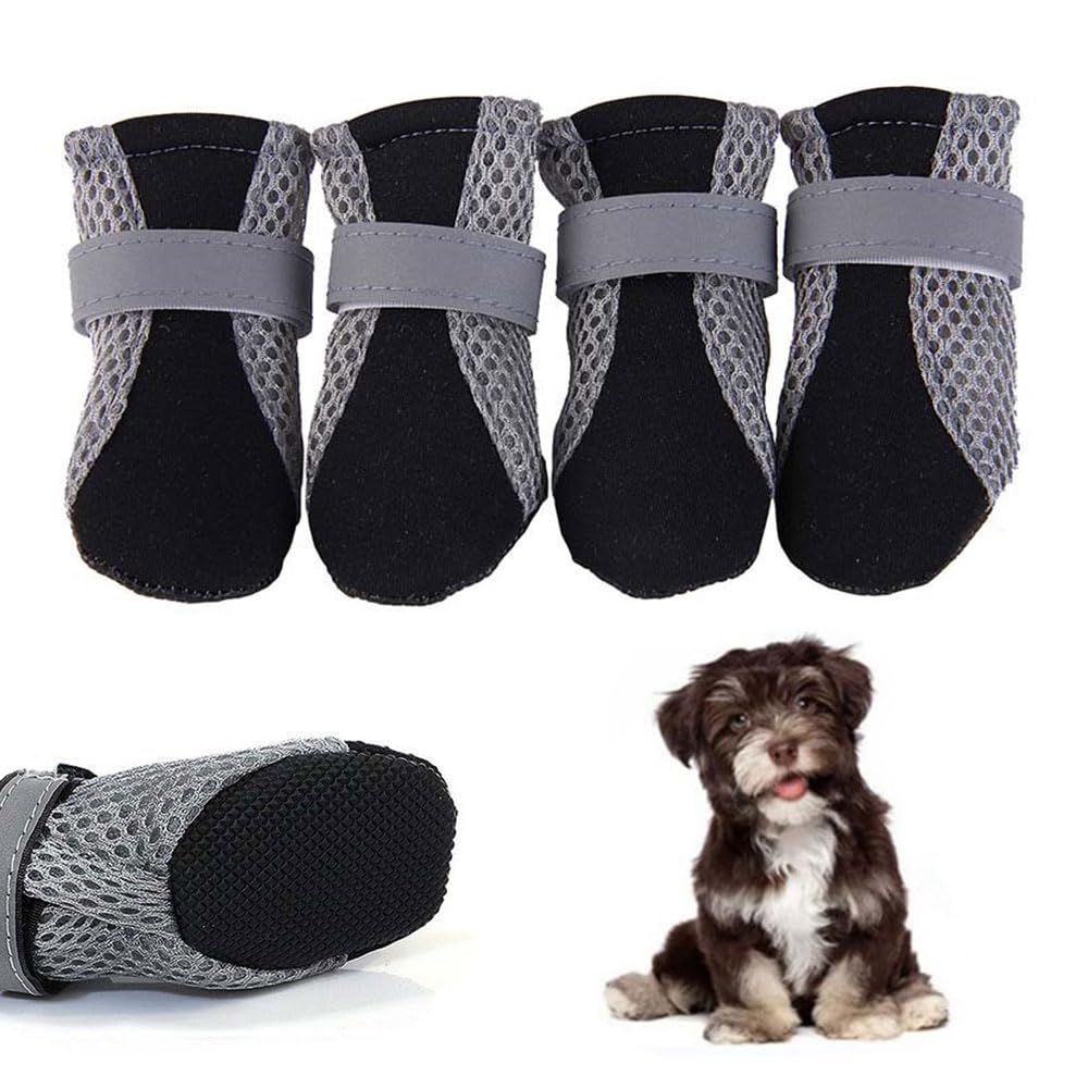 4 Packs Dog Boots Non-Slip Paw Protectors Reflective Waterproof Shoes for Outdoor Walking Indoor Hardfloors Anti-Slip Sole Booties Suitable for 4-7KG Puppy Weight (L/Black)