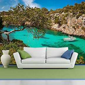 Small Yacht Floating in Azure Sea in The Village Cala Pi, Majorca, Spain - Removable Wall Mural | Self-Adhesive Large Wallpaper - 66x96 inches