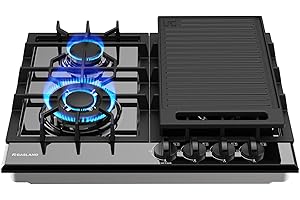 GASLAND 24 Inch Gas Cooktop with Griddle 4 Burners, GH60EF Drop-in Propane Stove Top with Thermocouple Protection, LPG/NG Convertible Dual Fuel Natural Gas Hob, Black